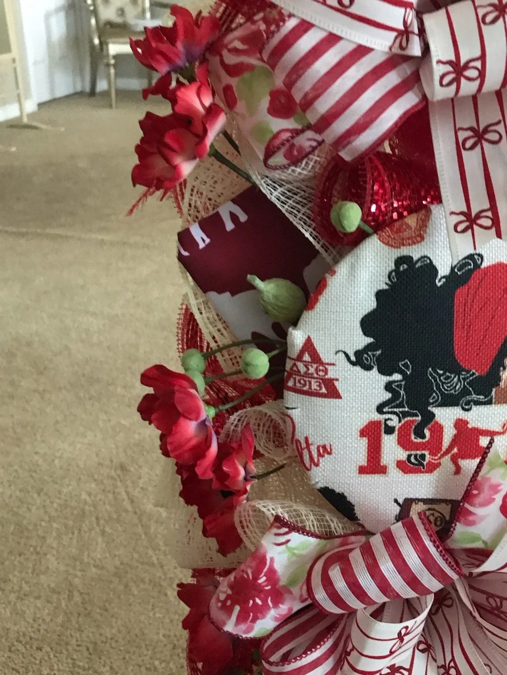 Delta Sorority Red Floral Ribbon Decorative Wreath